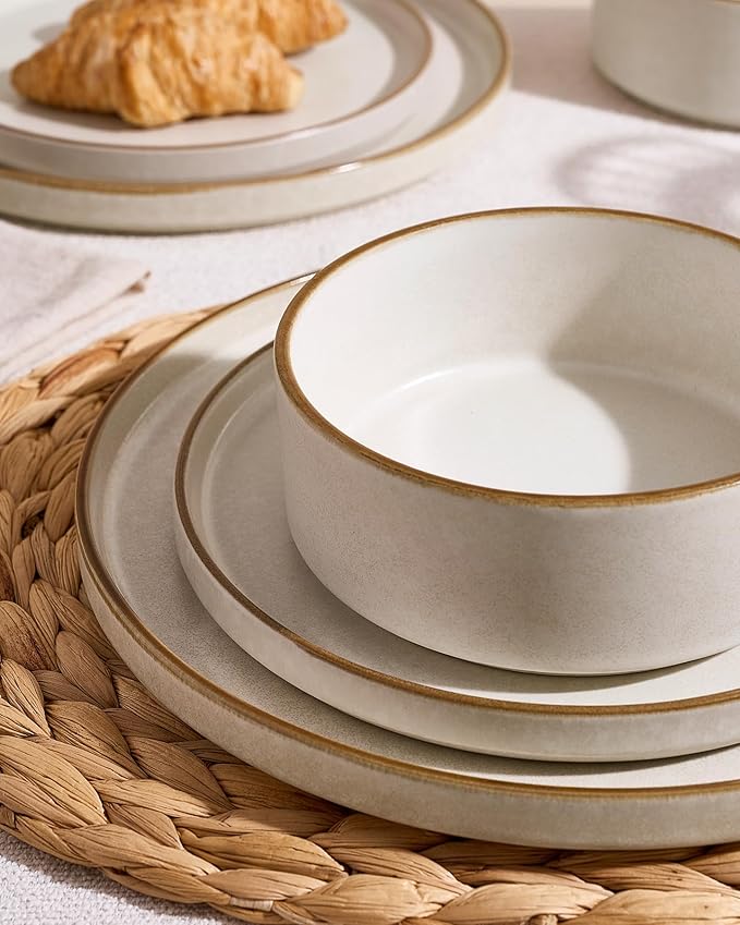 Famiware Nebula Plates and Bowls Sets, 18 Pieces Stoneware Dinnerware Sets, Reactive Glaze Dish Set, Dishes Set for 6, Matte Beige White with Brown Rim