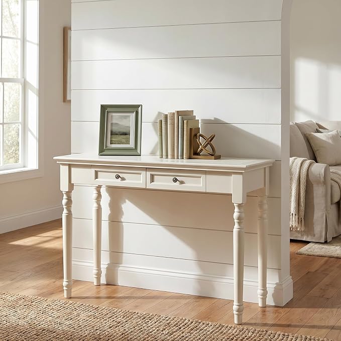 ADORZ Narrow Writing Desk with Drawers, 47 Inch French Country Solid Wood Desk for Home Office, Study Workspace or Bedroom, White