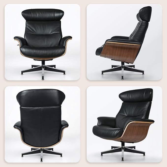 Mid Century Modern Chaise Lounge Chair with Ottoman,Swivel Accent Chair Top Black Full Grain Leather,Walnut Wood,Adjustable Backrest Headrest,Heavy Duty Metal Base for Office,Living Room,Black