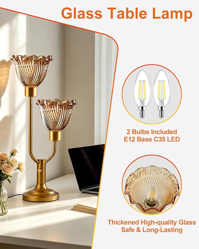 Lightdot Gold Table Lamp for Bedroom Dimmable Mid Century Modern Flower Desk Lamp Amber Glass Vintage Nightstand Lamp 2 Bulbs Included Warmwhite Ambient Bedside Lamps for Living Room Home Office Decor