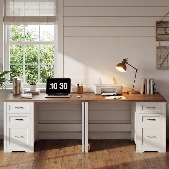 Vabches Farmhouse 47” Executive Desk with File Drawer, Mutual Installation Rustic Computer Desk with 2 Storage Drawers,Office Home Workstation for Study Work Writing, Unique White