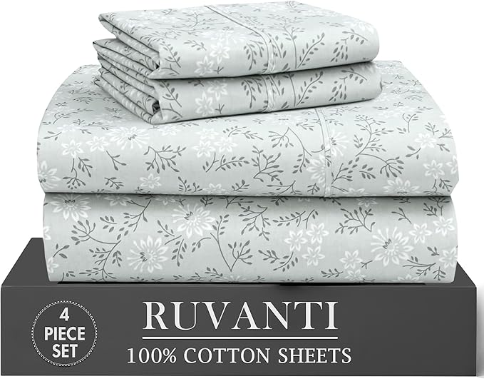 RUVANTI 100% Cotton Percale Sheets Twin XL Size 4 Piece Set, Cooling Bed Sheets for Hot Sleepers, Deep Pocket 16”, Breathable Lightweight & Durable, Crisp Hotel Style Sheets, Everbloom Studio