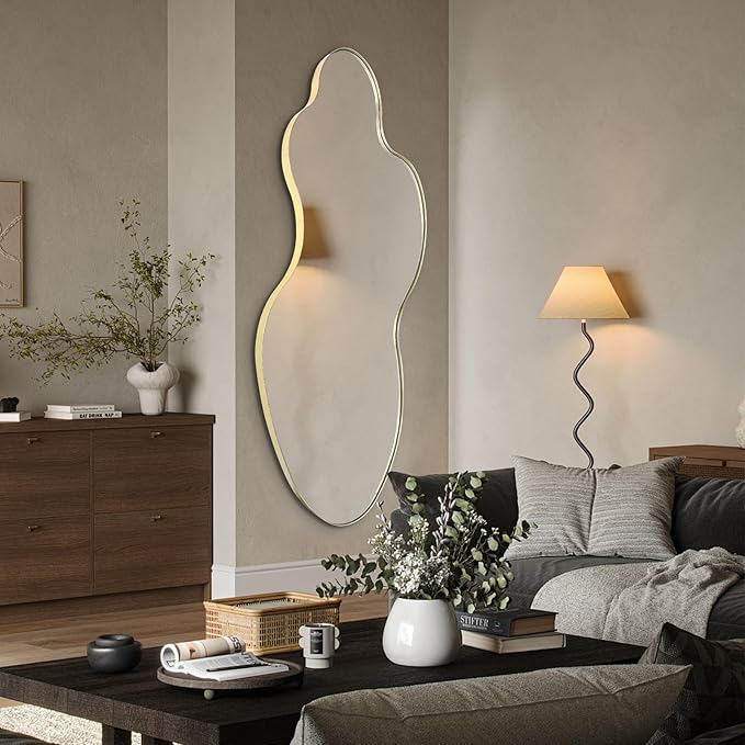 Irregular Mirror, 55"x26" Asymmetrical Wall Mirror with Gold Metal Frame, Large Abstract Mirrors Decorative, Modern Unique Shaped Mirrors for Living Room Bathroom Bedroom Hallway Entryway