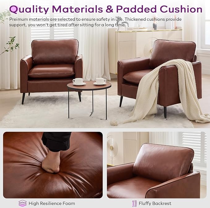 TYBOATLE Accent Chairs Set of 2, Comfy Faux Leather Living Room Chairs, Mid Century Modern Sofa Chairs, Cozy Reading Arm Chair, Armchairs for Bedroom, Office, Living Room (Brown)