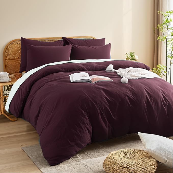 NEXHOME PRO Duvet Cover Set Kids Twin Size Linen Look Textured Organic Natural 100% Washed Cotton Duvet Cover Burgundy Dark Red 2 Pieces Bedding Set with Zipper Closure, Breathable (No Comforter)