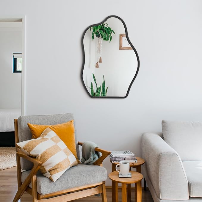 Asymmetrical Irregular Mirror for Wall Wooden Framed Hanging Wall Mirror Cloud Modern Unique Bathroom Wall Mirror Decorative Bedroom Living Room Entryway Hallway Artistic Hanging Mirror