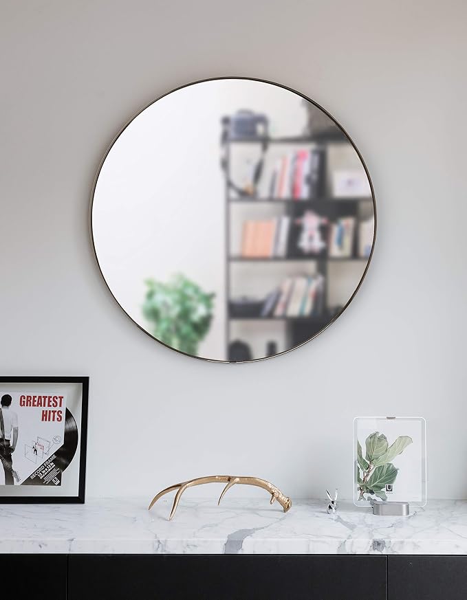 Umbra Hubba Round Wall Mirror with Metallic Frame, Modern Style for Bathroom, Entryway, Living Room and More, 34-Inch, Titanium