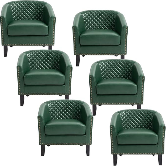 UIXE Faux Leather Barrel Accent Chairs Set of 6, Modern Club Upholstered Arm Chair, Comfy Armchair Nailed Trim Living Room Single Sofa Reading Seat Bedroom Side Sitting for Office, Green
