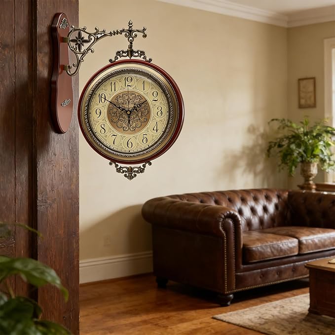 Large Vintage Double Sided Wall Clock with Glass & Copper Finish, Zinc Alloy & Solid Wood, Silent Battery Operated, Roman/Arabic Numerals for Living Room Office Decor (15.35x20.08 Inch)