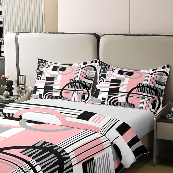Erosebridal Art Deco Mid Century Duvet Cover Set Retro Modern Abstract Geometric 100% Cotton Comforter Cover Black and White Pink Circles Stripes Full Size Bedding Sets, Contemporary Bed Set