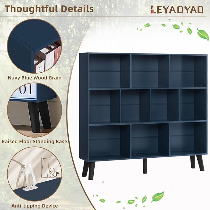 LEYAOYAO 10 Cube Bookshelf,3 Tier Modern Wide Bookcase with Legs,Mid-Century Wood Bookshelves Storage，Dark Blue Large Book Case,Freestanding Organizer Display Shelf for Bedroom,Living Room,Office