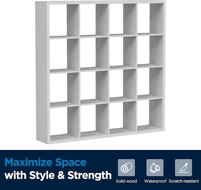 16-Cube Storage Organizer Bookcase, Thick Frame Wood Grain Storage Shelf, Rectangular Cube Open Back Display Unit, 48.8x9.4x48.8 Inches for Living Room, Bedroom, Home Office, White