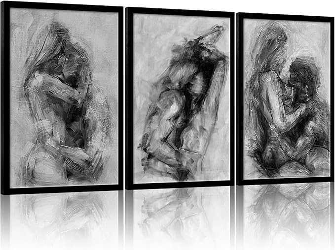 3Pcs Framed Black and White Canvas Wall Art Abstract Nude Prints Couple Modern Gallery Style Painting Pen sketch Posters Decorations Bedroom Living Room Bathroom 16x24 Inch Ready to Hang