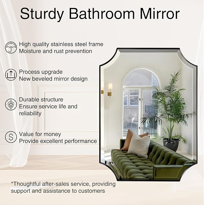 POZINO Rectangle Beveled Mirror, 24"x40" Bathroom Vanity Mirrors for Over Sink, Modern Matte Black Decorative Wall Mirror, Rounded Corner Oblong Mirrors for Living Room Bedroom Fireplace Entryway