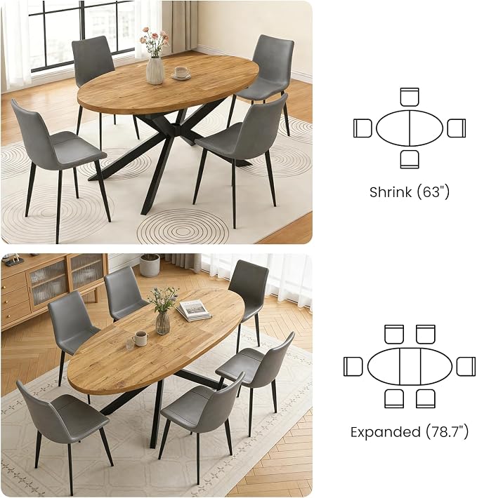 63"-78.7" Extendable Round Dining Table Set for 4, 5 Piece Mid Century Modern Oval Kitchen Table Set, Large Dining Table with 4 Dining Chairs for Living Room Space Saving（Walnut Table+4 Grey Chairs)