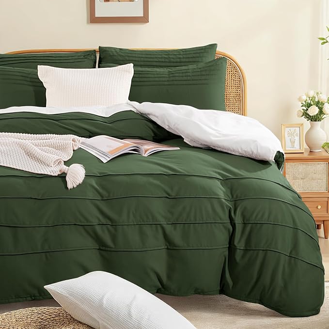 NEXHOME PRO 100% Organic Cotton Duvet Cover King, Linen Like Pleated Textured Olive Green Duvet Cover Set, 3pc Bedding Set with Zipper Closure, Soft, Lightweight and Breathable,104"x90", No Comforter