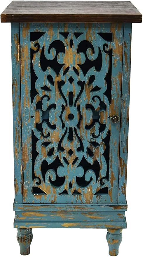 eHemco Distressed Blue Accent End Table with Pierced Floral Fretwork Door – Vintage Rustic Wood Storage Side Table for Living Room