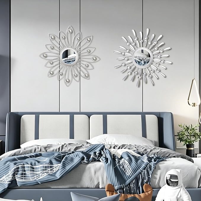 2 Pack Metal Mirrors for Wall Boho Sunburst Wall Mirror Home Decor Modern Decorative Wall Art for Bedroom Living Room Entryway