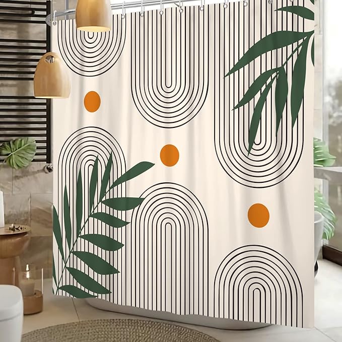 Boho Mid Century Shower Curtain Abstract Arch Geometric Sun Curve Rainbow Tropical Leaves Minimalist Shower Curtain Aesthetic Beige Bathroom Decor Fabric Curtains Set 72x84 inch