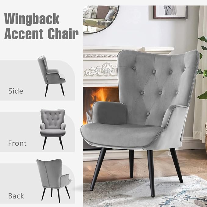 Furniliving Modern Accent Chair, Velvet Tufted Button Wingback Chair Upholstered Side Armchair Comfy Lounge Chair with Tapered Legs Sofa Leisure Chair for Home Office/Living Room/Bedroom, Grey