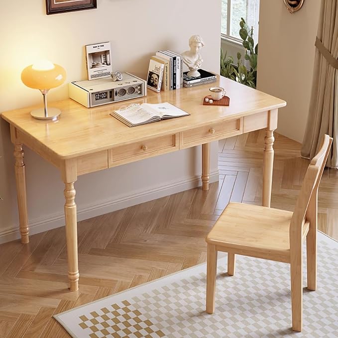Mid Century Modern Desk, Rubber Wood Desks with Drawers, Solid Wood Computer Workstation with Carved Legs, Simple Style Writing Table (Natural, 31.5 * 23.6 * 29.5in)