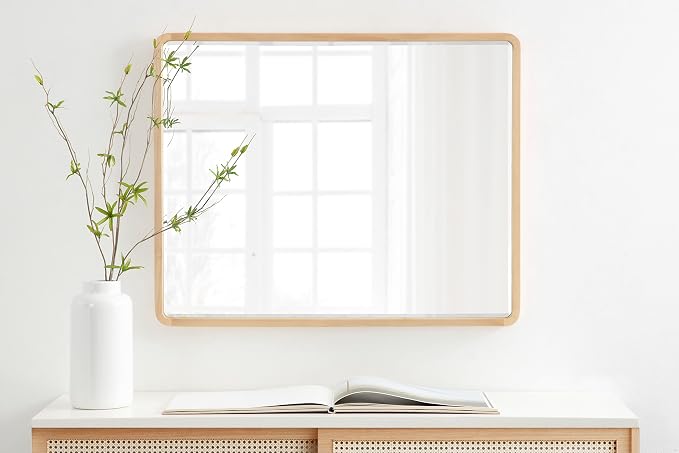Kate and Laurel McLean Mid-Century Wood Framed Rounded Rectangle Wall Mirror, 24 x 30, Natural Poplar, Decorative Round Rectangular Mirror for Contemporary Wall Decor