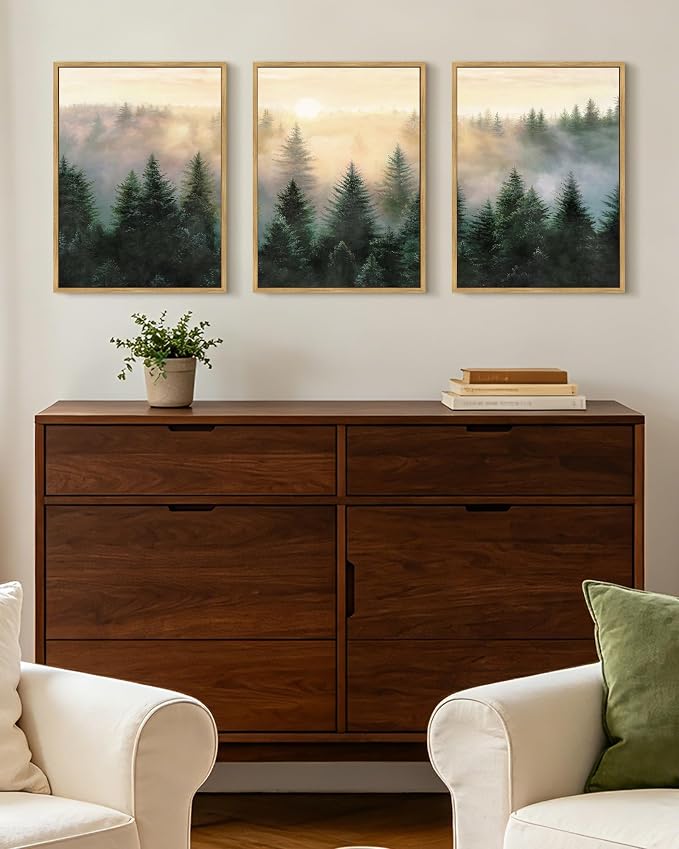 KUVIOKE Sun Dawn Fog Pine Tree Framed Wall Art Morden Nature Nordic Forests Artwork Bedroom Decor 12x16in (Natural Framed)
