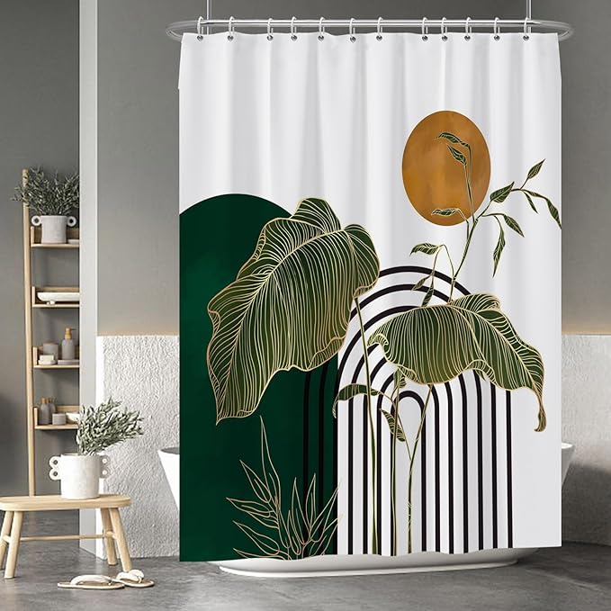 Baocicco Boho Shower Curtain Green Gold Leaves Plants Sun Modern Abstract Geometric Shower Curtains Decorative for Bathroom Waterproof Fabric Shower Curtain with Hooks 72x96 Inches