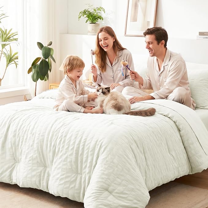 CozyLux Oversized King Comforter Set with Sheets, 7 Pieces 120"x98" Ivory Seersucker Bed in a Bag, Luxury Soft Bedding Sets with Down Alternative Comforter, Sheets, Pillowcases & Shams, Home Gift