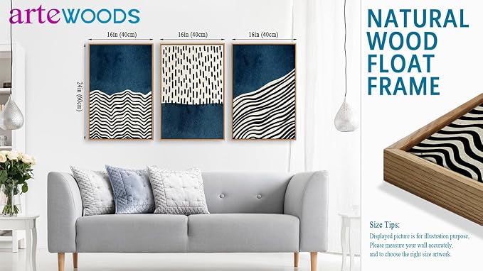 Framed Wall Art Canvas Set Mid Century Boho Picture Modern Abstract Geometric Lines Wall Decor Minimalist Black Indigo Canvas Painting Artwork Living Room Bedroom Home Office 16"x24"x3 Natural