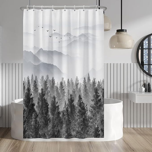 Baocicco Grey Forest Mountain Shower Curtain Watercolor Misty Forest Nature Tree Mountain Landscape Shower Curtains for Bathroom Waterproof Fabric Shower Curtain with Hooks 48x72 Inches
