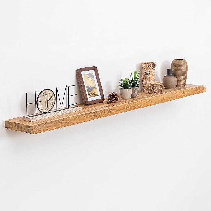 Extra Deep 48" Long Live Edge Rustic Floating Shelves for Wall, Solid Wood Wall Shelves with Invisible Bracket Mount for Living Room Bathroom Bedroom Kitchen, Set of 1, Natural
