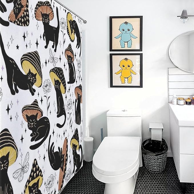 Cat Shower Curtain,Retro Funny Mushroom Star Floral Gothic Print Bathroom Curtain Polyester Waterproof Fabric Decor 66x72in（168x183cm）