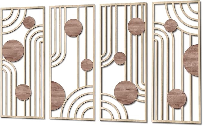COLOR VALLEYART Set of 3 Modern Wood Wall Art Panels, Boho Geometric Design, 11.4 x 7 inches, Indoor Decor for Living Room, Office (6.2L''x15.7W''*4Pcs)