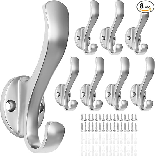 Coat Hooks Heavy Duty - Easy to Install Metal Towel Hooks Fashionable Wall Hooks for Hanging Hat, Towel, Key, Robe, Scarf, Bag, Cap (8 PCS Silver)