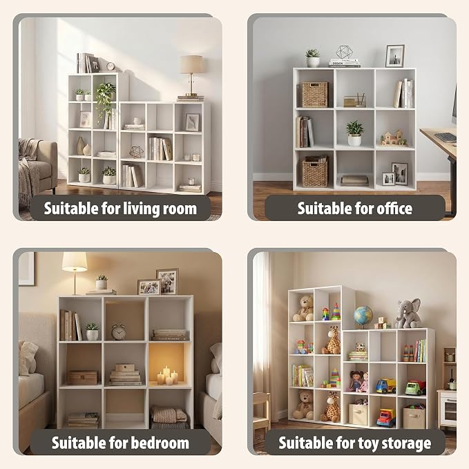 Endearing Limons【2026 Wooden 9 Cube Shelf Storage Organizer with Anti-Tipping Kits + Reversible Open Back Solid Panel Bookcase (11 x 11 Unit Cell White)