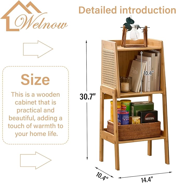 Welnow Bamboo Rattan Bookcase with Cabinet, 1-Tier Storage Shelf with Side Table & End Table Function, Large Modern Wood Organizer for Living Room or Bedroom, Natural Bookshelf