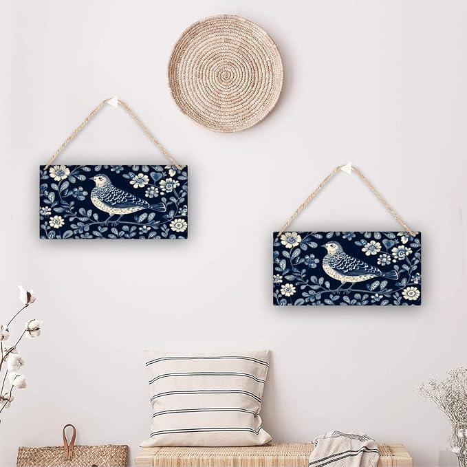 Retro Bird in Blue Floral Garden Wooden Print, 12x6 Inch Nostalgic Wood Decors for Mid-Century Modern Enthusiasts & Floral Fans, Add a Touch of Classic Charm to Your Home Office