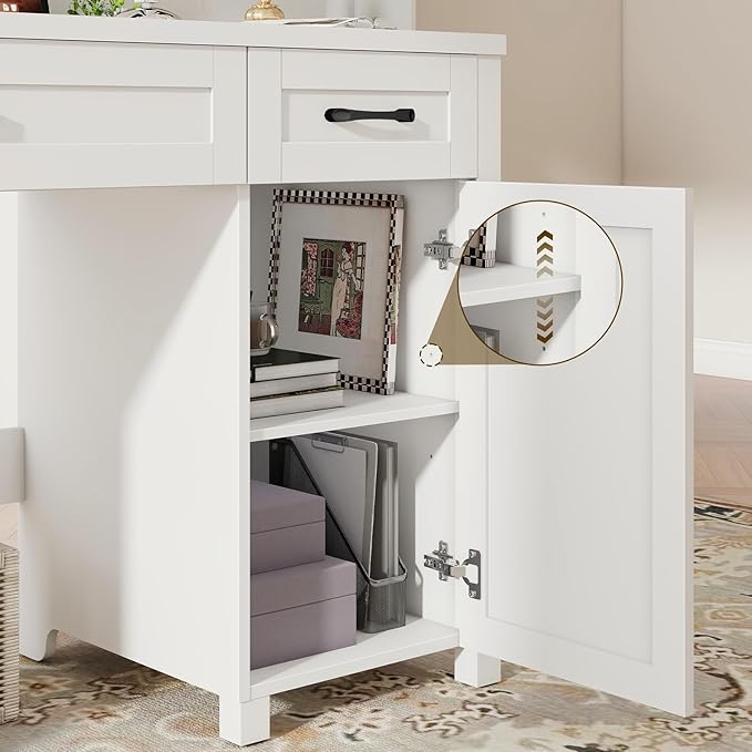 Vabches Farmhouse 47" Executive Desk, Computer Desk with Drawers and Storage Cabinet, Workstation for Home Office and Study.(Cream White)