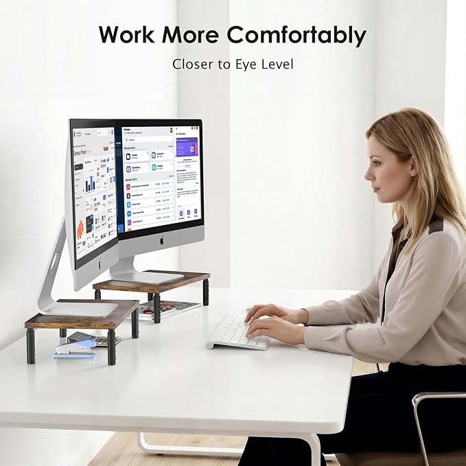 OPNICE Adjustable Monitor Stand Riser for Desk, Computer & Laptop Stand, Desk Organizers and Accessories, Office Desk Accessories & Workspace Organizer for Home Office, Brown Wood