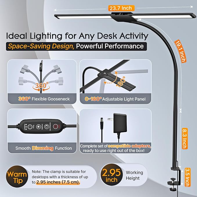 Syrinx LED Desk Lamp for Home Office, Architect Desk Lamp with Clamp, Gesture/Wired Control, Ultra Bright Gooseneck Desk Light, Memory & Timer, 50 Lighting Modes for Study, Reading, Crafting