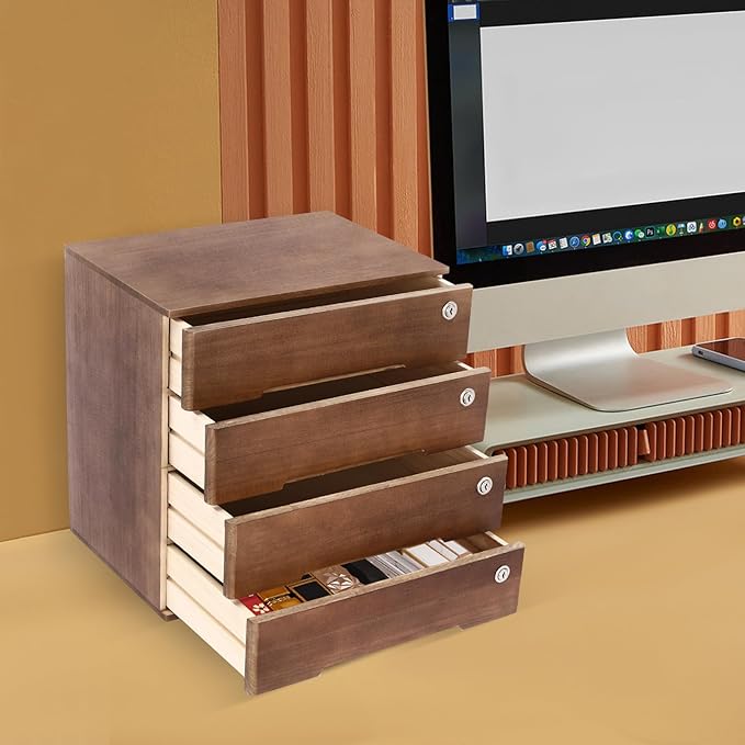 Desktop File Organizer with Lock, 2/3/4 Tier Multi-Drawer Wooden Storage Cabinet, Office Supply Organizer for Home Desk, Study & Workplace (Walnut, 4 Layers)