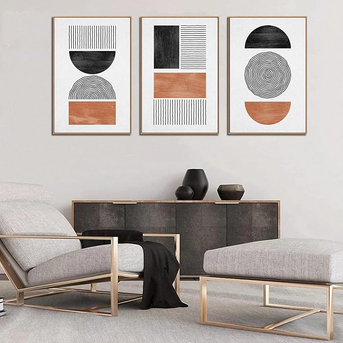 Framed Wall Art Canvas Set Mid Century Boho Pictures Modern Geometric Wall Decor Minimalist Black Brown Bohemian Abstract Painting Artwork for Living Room Bedroom Office 24"x36"x3 Natural
