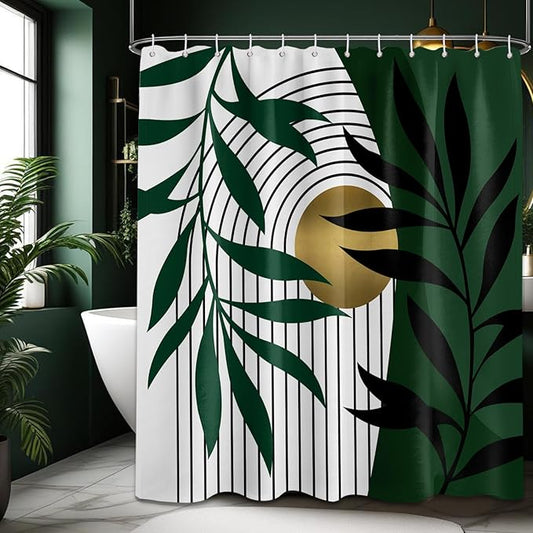 Olive Green and Gold Shower Curtain, Boho Modern Mid Century Shower Curtains for Bathroom Decor, Waterproof Fabric with Hooks, 70" W x 72" L