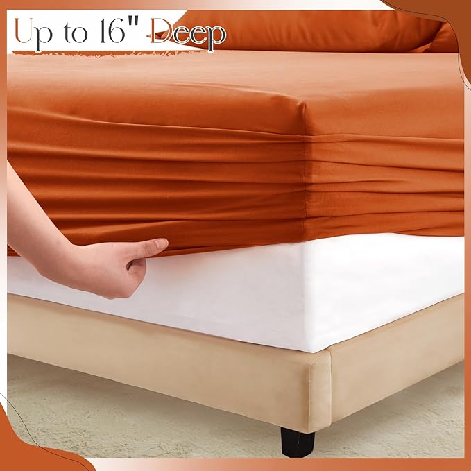 Horbaunal Burnt Orange Ruffle Sheets Queen Size 6 Piece, Fits 16" Deep Mattress, Microfiber Orange Queen Sheets with 2 Ruffled Pillowcases, Shabby Chic Queen Bed Sheet Set