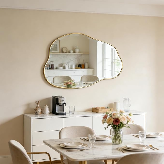 POZINO Irregular Beveled Mirror, 42"x28" Asymmetrical Vanity Wall Mirror with Gold Metal Frame, Organic Shape Mirrors for Entryway Bathroom Living Room Bedroom, Horizontal/Vertical Hanging