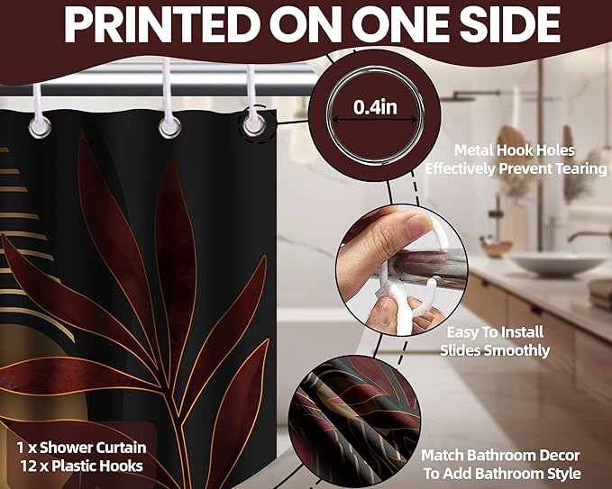 Boho Dark Red Shower Curtain, Mid Century Modern Gold Maroon Burgundy Shower Curtains for Bathroom, Waterproof Fabric Set with Hooks, 70x72 inches