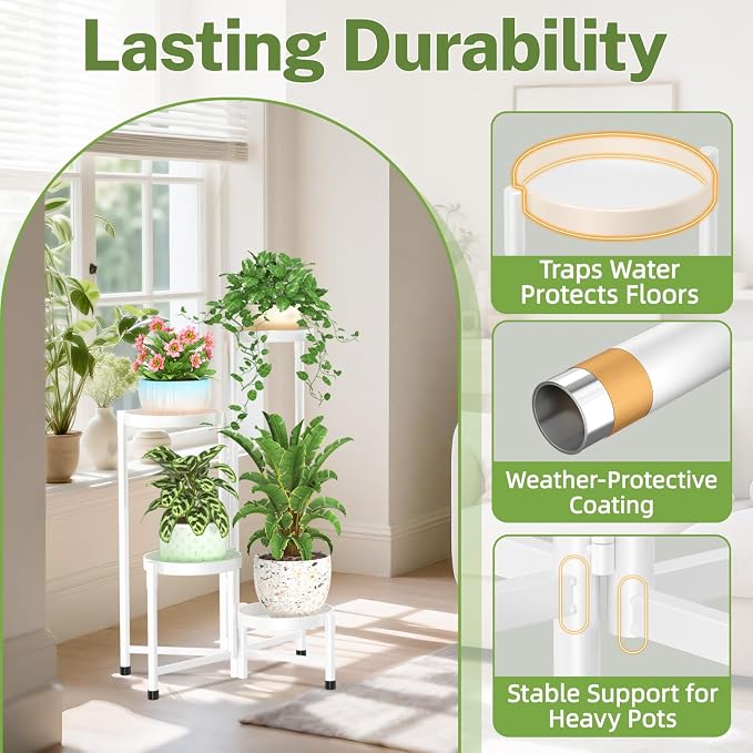 iDavosic.ly Plant Stand Indoor Outdoor, 4 Tier Corner Metal Flower Display Holder Shelf, Folding Tall Orchid Rack for Patio Balcony Porch Garden Living Room House, White