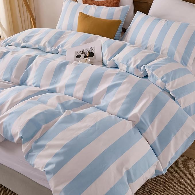 Merryword Blue and White Striped Duvet Cover Set King Size, 100% Cotton Bedding Set with Zipper Closure & 8 Corner Ties, Luxury Linen Like Bedding, Soft Breathable Comforter Cover for All Seasons