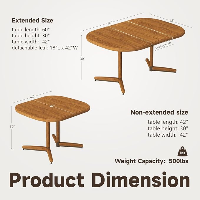 Chromcraft Dining Table for 4 to 6 Person, Extendable Wooden Kitchen Room Dining Table with 18" Extension Leaf, Expandable Table for Kitchen(Chestnut)